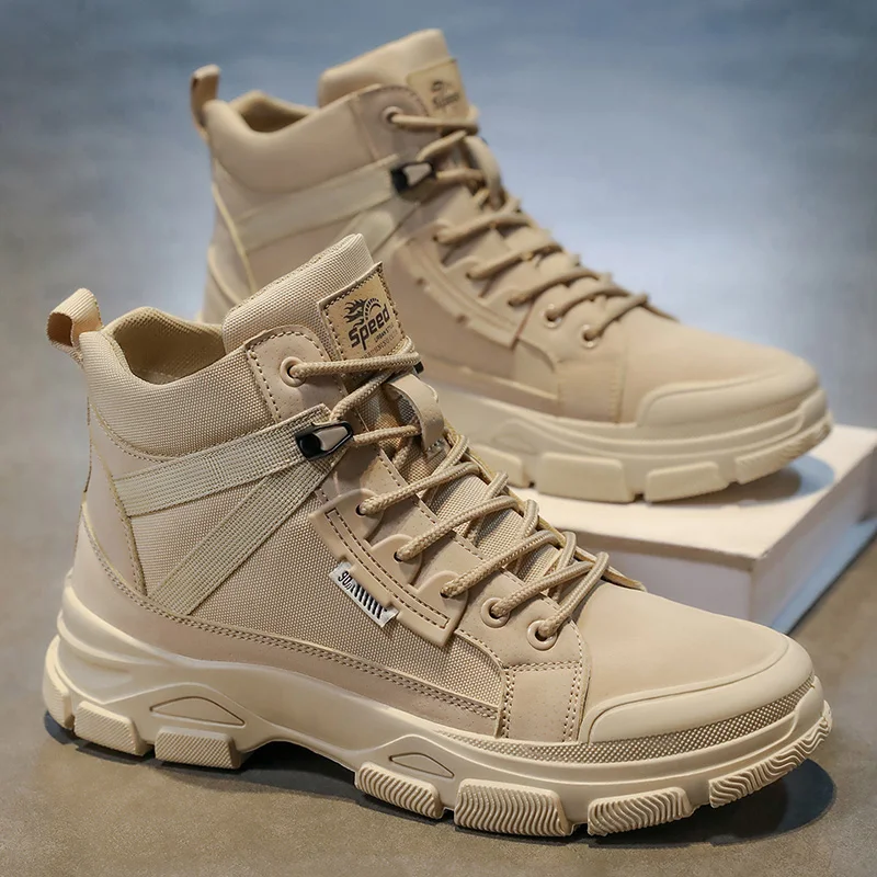 Men Two-tone Canvas High Top Work Boots, Lace Up Chunky Non Slip Platform Sneakers For Hiking Camping Daily Street Commute