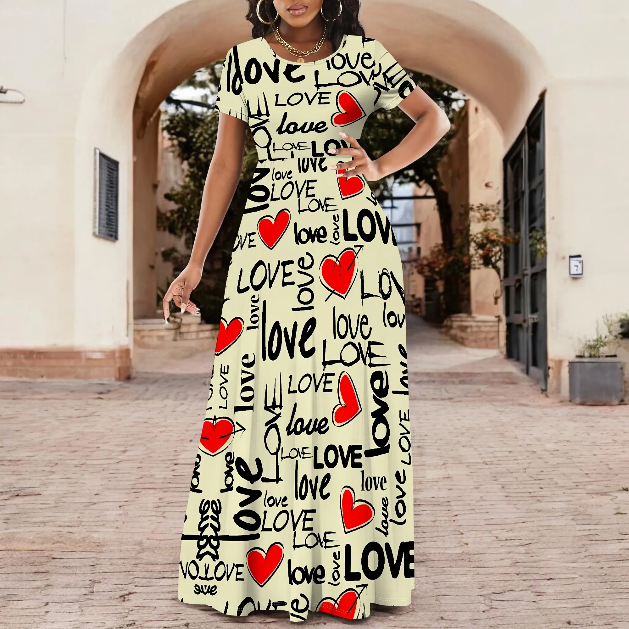 

Nupusa Love Word Print Dress for Women Standard Size Summer Casual Crew Neck Short Sleeve Maxi Dress