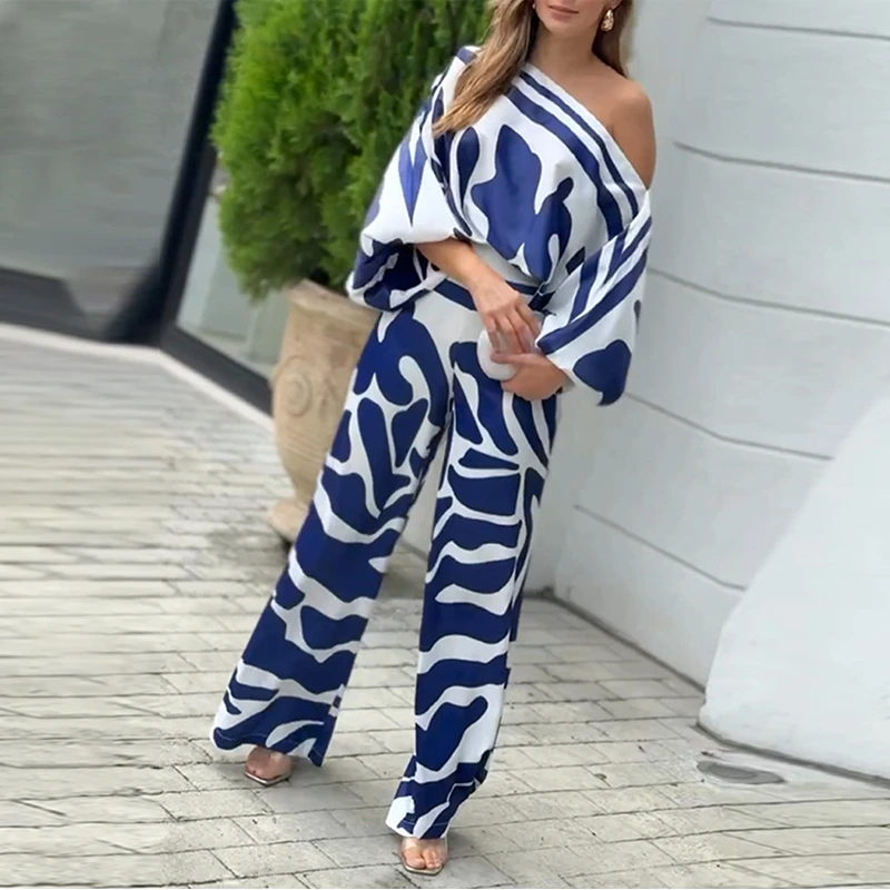 2024 Women Allover Print One Shoulder Wrist Wide Leg Formal Jumpsuit