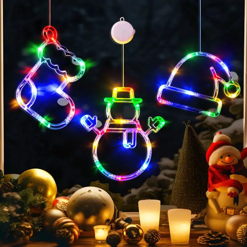 LOLStar Christmas Window Lights, 3 Pack Multicolor Christmas Stocking, Snowman,Santa Hat Lights With Suction Cup