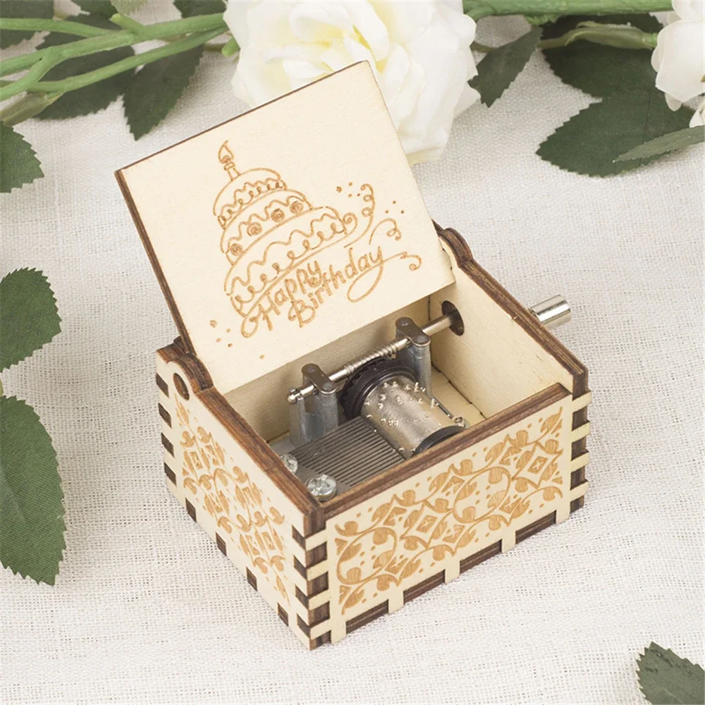 Happy Birthday To You Song Music Box Mini Carved Wooden Hand Cranked Musical Box 18 Tones Birthday Gifts For Children Girlfriend