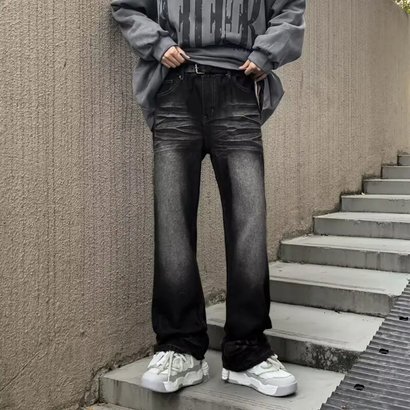 

American High Street Washed Black Knife Jeans Men's Cleanfit High Waist Slim Straight Leg Jeans Teenage Casual Denim