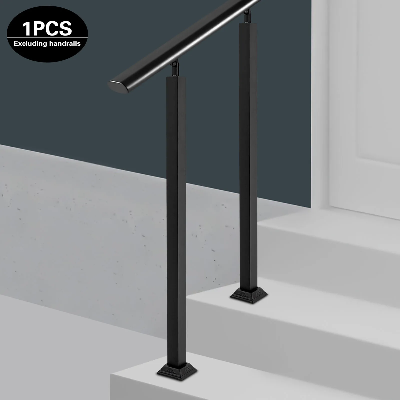 Stair Balusters Post, Black Square Metal Railing Spindles with Flat & Adjustable 270° Angle Bracket for Deck, Steps, Garden