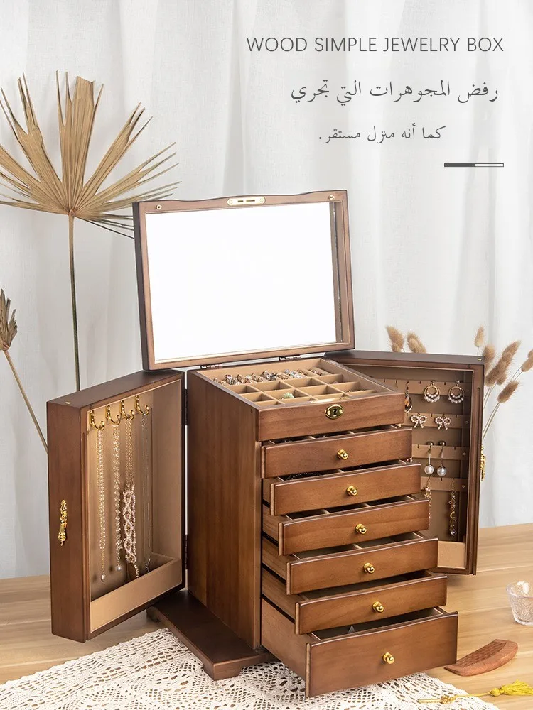صندوق مجوهرات جديد من الخشب الصلب بسعة كبيرة مع قفل لتخزين القلائد والأقراط وإكسسوارات اليد، هدية زفاف راقية وأنيقة