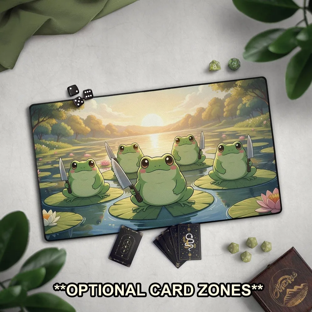 TCG Playmat: Funny Frogs With Knives, Cute Frogs Play Mat With EDH Card Zones, Kawaii Anime Frogs For Frog Deck pc accessories