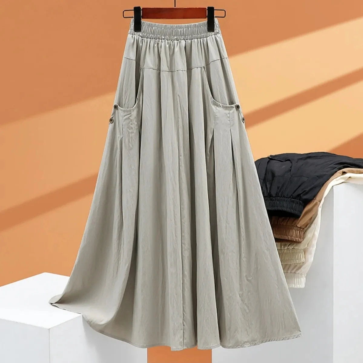 Black Pocket Workwear Half Skirt 2025 Summer New Fashion High waisted Versatile A-line umbrella Skirts Medium length Clothing