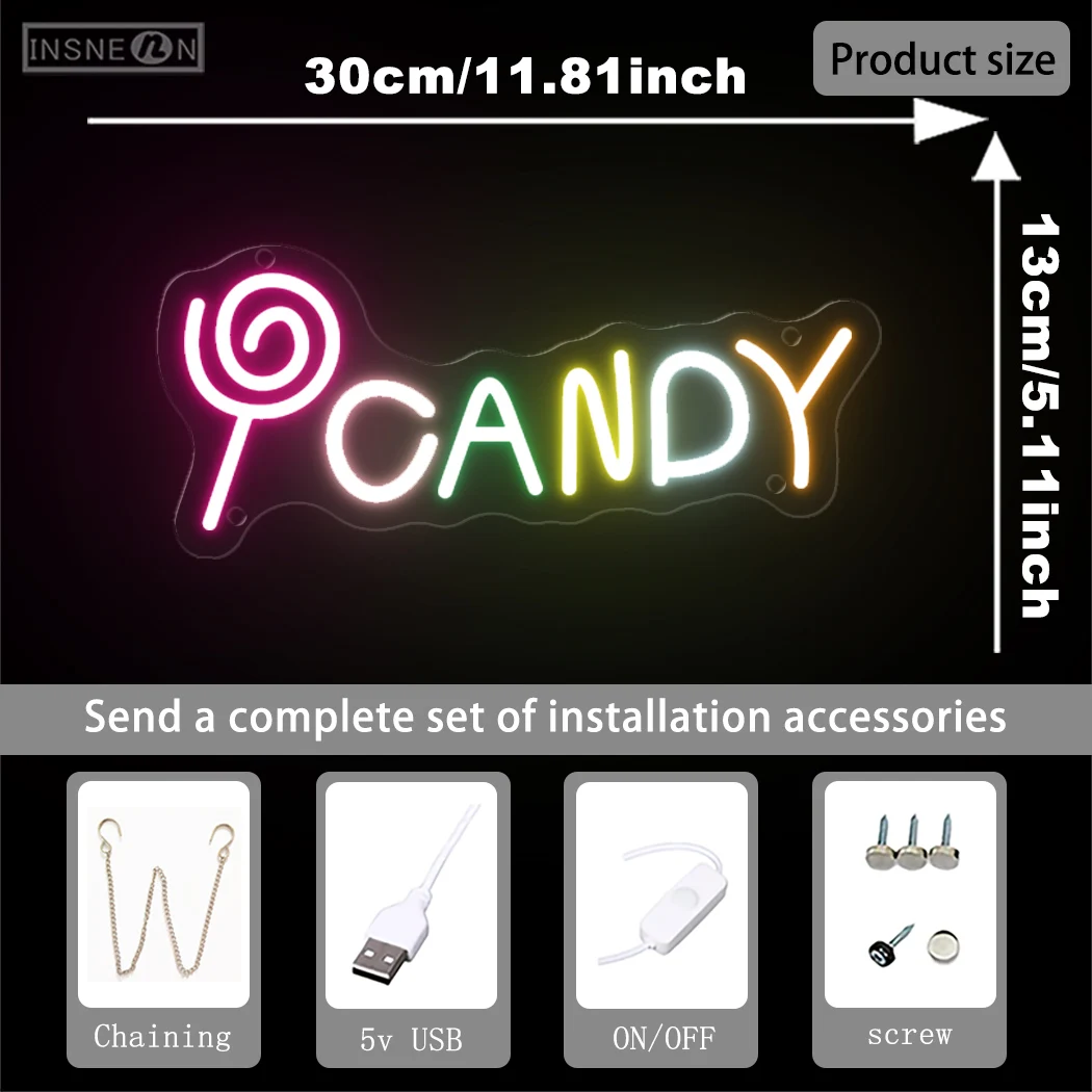 Candy Neon Sign Light USB Powered Candy Shop Sign Neon LED Light Party Bedroom Home Hanging Wall Decoration Christmas Decoration