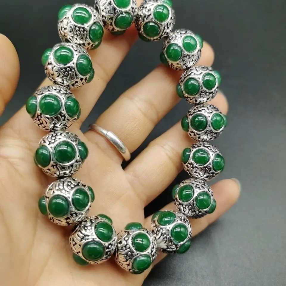 Fine silver jade inlaid bracelet, retro craftsmanship, exquisite and delicate silver bracelet for men and women