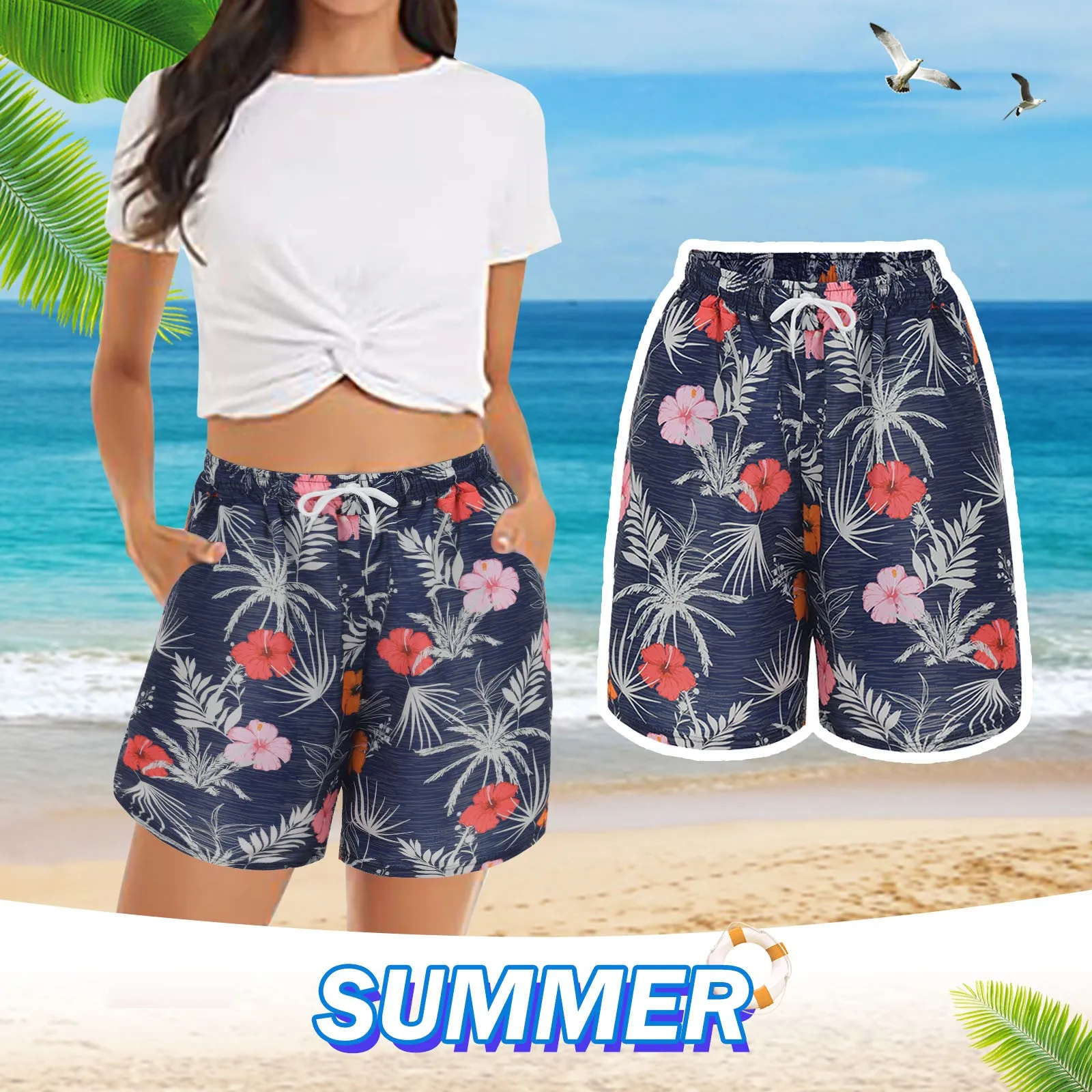 Coconut Tree Women\'s Printed Board Shorts Swim Trunks Pocket Summer New Comfort Breathable Short Hawaiian Style Holiday Beach