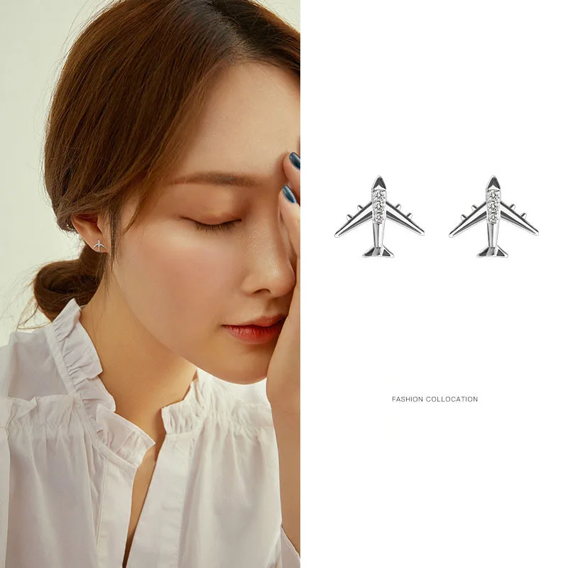 925 Sterling Silver plane Earrings Pave Zircon Mini Aircraft Airplane  Ear Stud Women Simple Fashion Wedding Jewelry Accessories