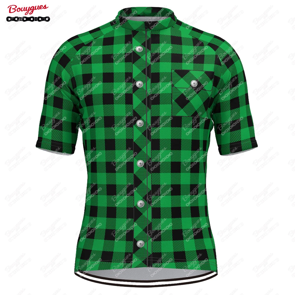 Plaid Checkered Shirt Cycling Jersey For Men Short Sleeve Reflective MTB Maillot Downhill Pro Team Mountain Bicycle Clothing