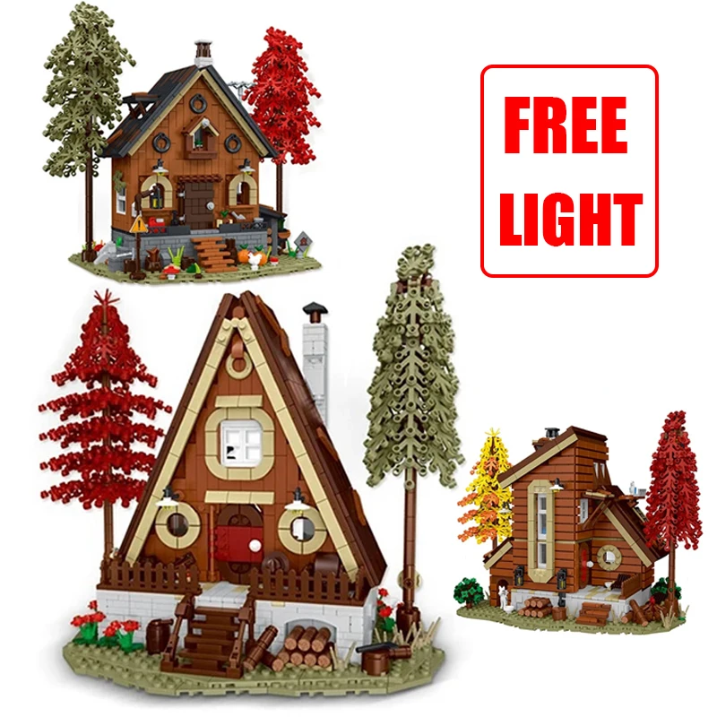 2023 NEW A-Frame Cabin Forest Wooden House Building Block Treehouse With Lighting City Street View MOC Bricks Toys For Kids Gift