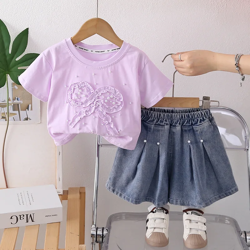 Toddler Girls Lace Bow Pearl Short Sleeve T-shirts + Denim Skirts Set 2026 Summer New Sweet Princess Style Casual Trendy Outfits