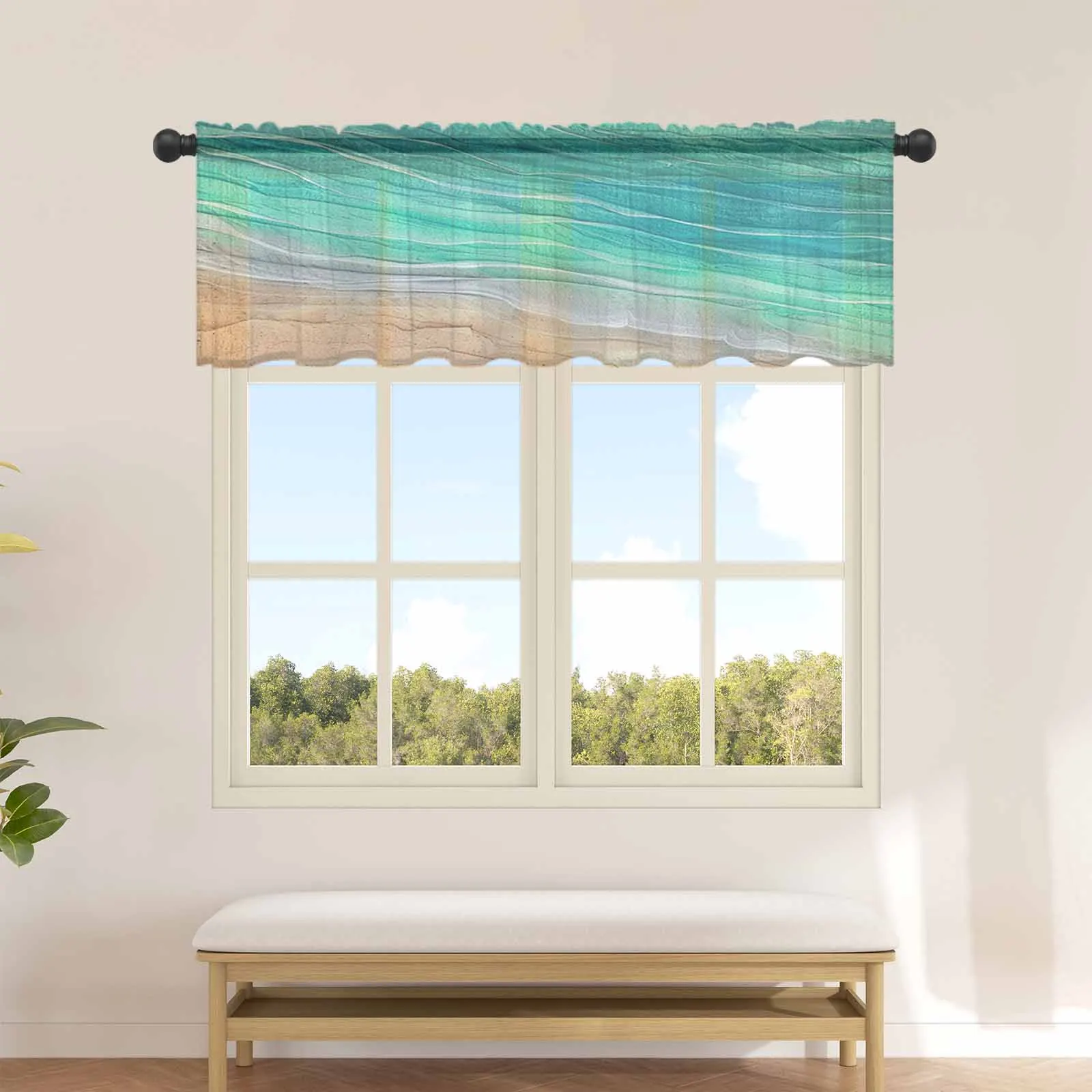 Ocean Waves Beach Waves Green Gradient Kitchen Small Window Curtain Tulle Sheer Short Curtain Living Room Voile Drapes