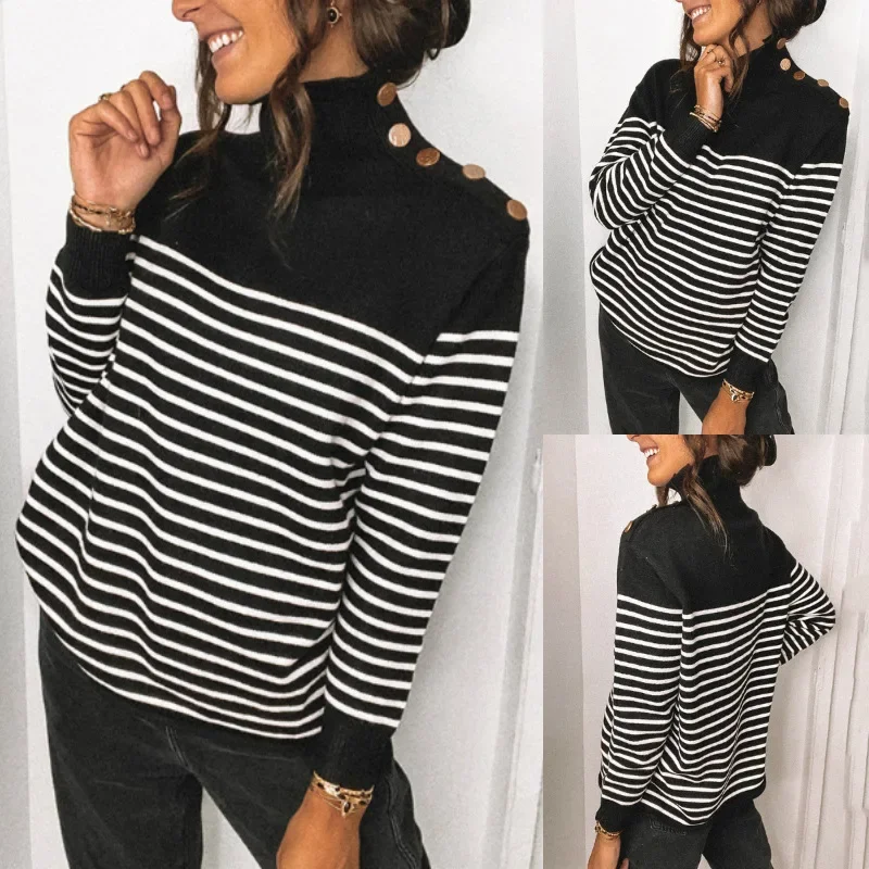 

2023 Autumn/Winter Sweater Women's Striped High Neck Knitted Pullover Women's Clothing