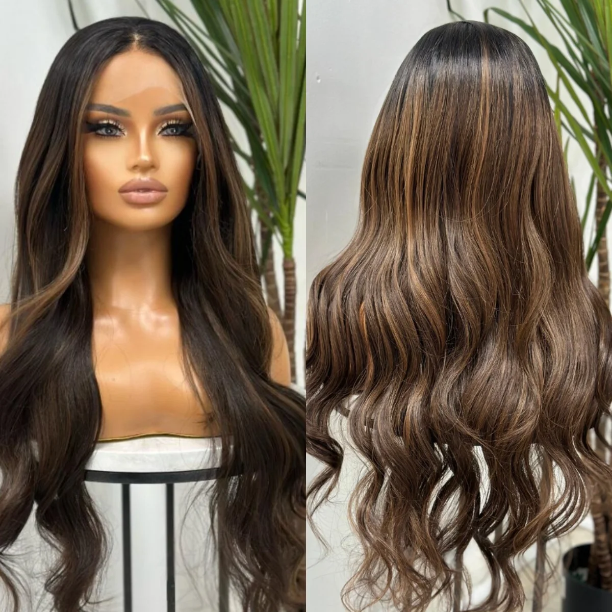 

Выделите Ombre Темно-коричневый синтетический парик Объемная волна 13x4 Парик фронтальной части шнурка Предварительно выщипанные натуральные волосы Готов к ношению для женщин