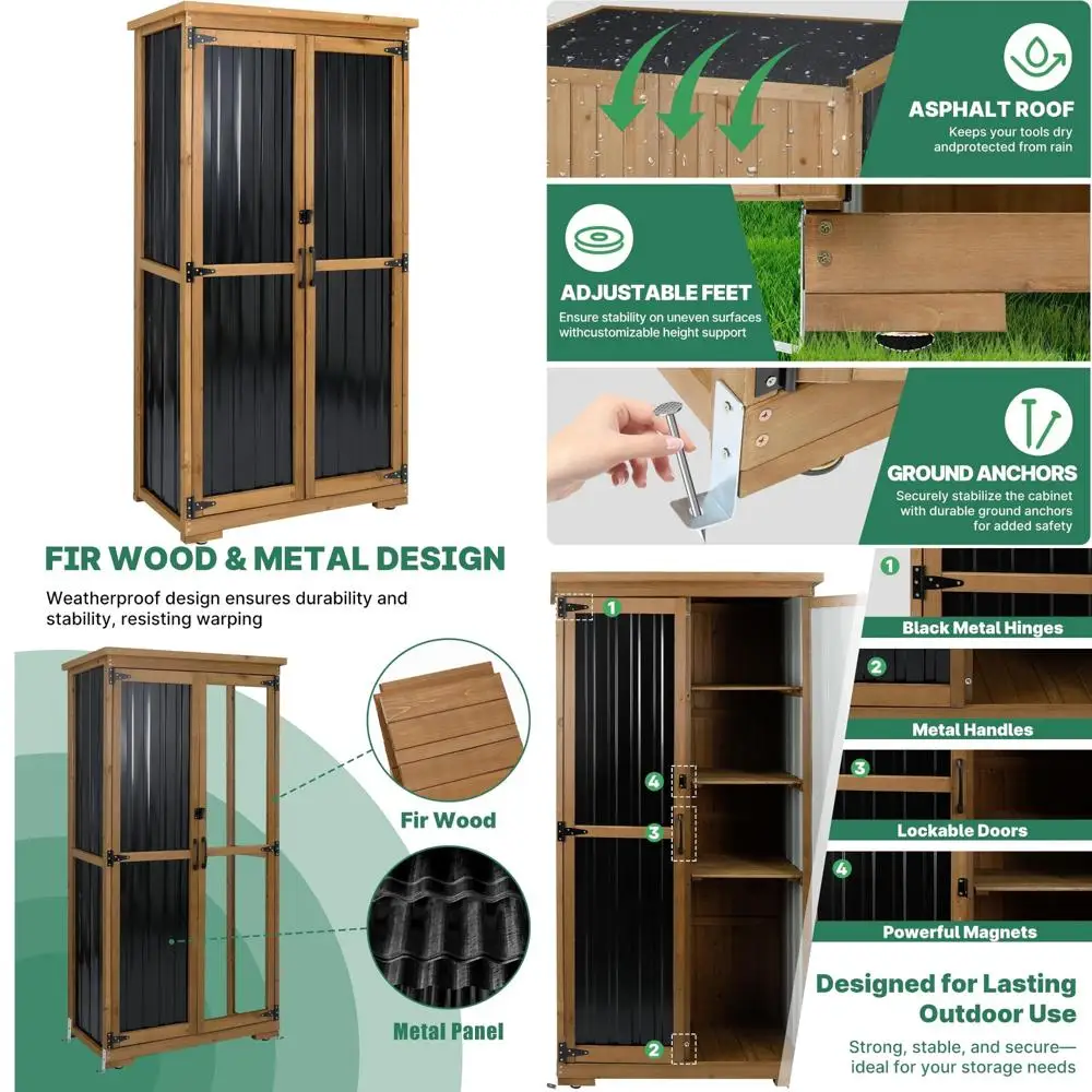 

Уличный шкаф для хранения вещей из дерева и металла, устойчивый к атмосферным воздействиям, высоким навесом для инструментов, запираемыми двойными дверцами, 3 съемными полками и ду