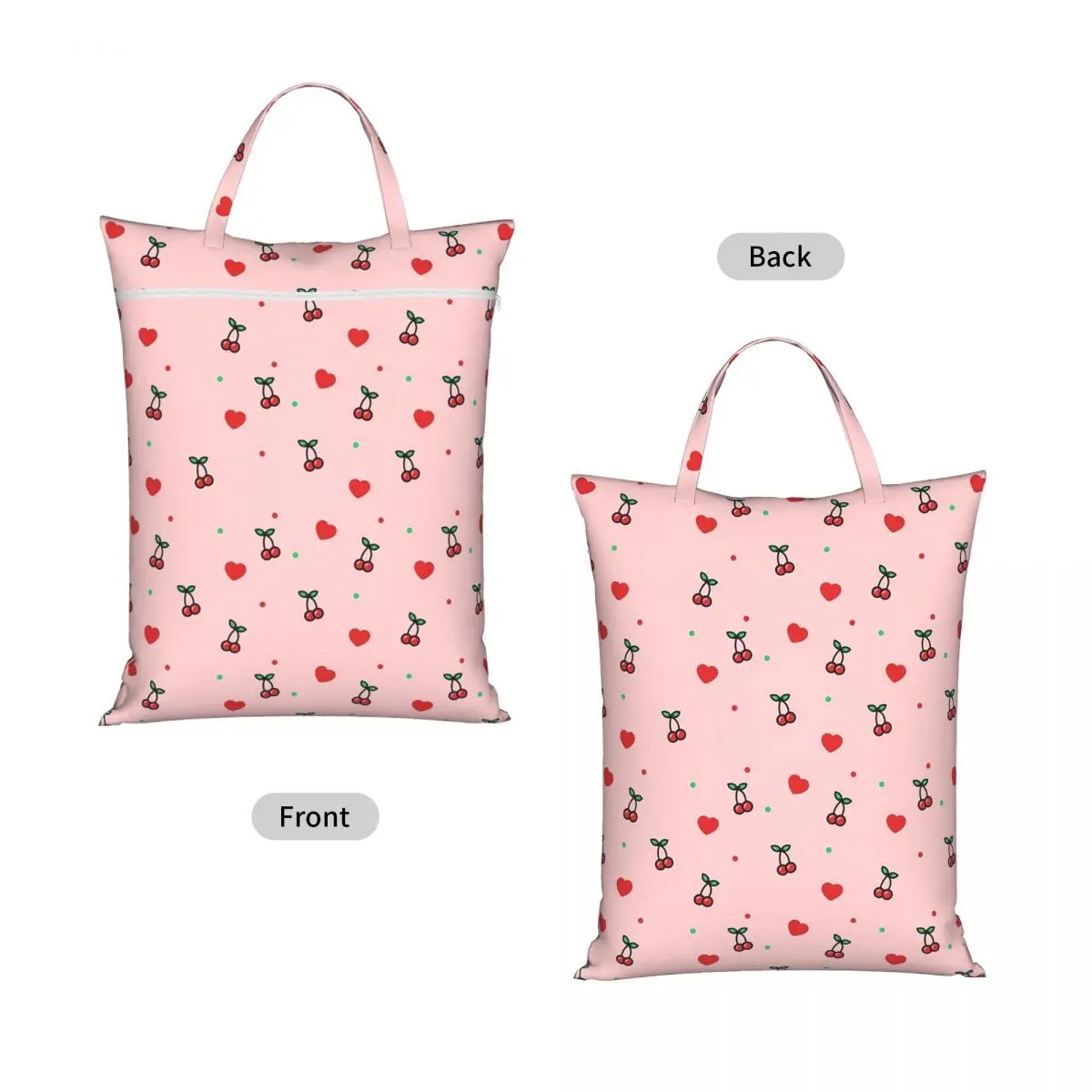 Cherry Heart Design Pattern With Pink Background Travel Laundry Bag Reusable Dirty Clothes Pouch Gym Yoga Camping Washing Basket