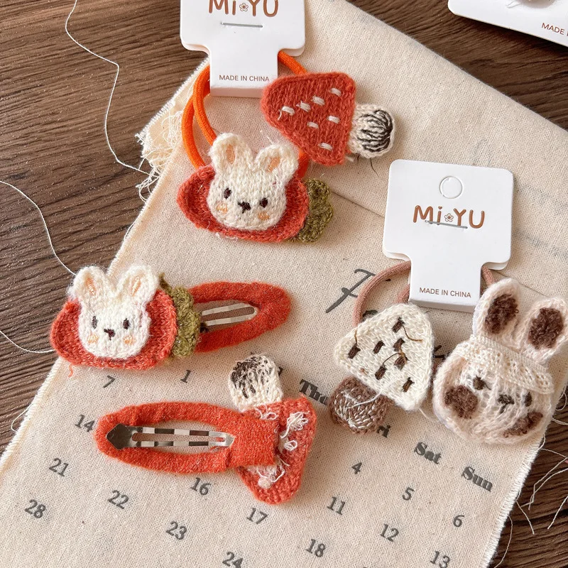 الشتاء متماسكة مقاطع الشعر الحيوان مجموعة 2PCS لطيف الأرنب الفطر تصميم طفل الفتيات العلاقات الشعر لينة لا زلة إكسسوارات الشعر #3