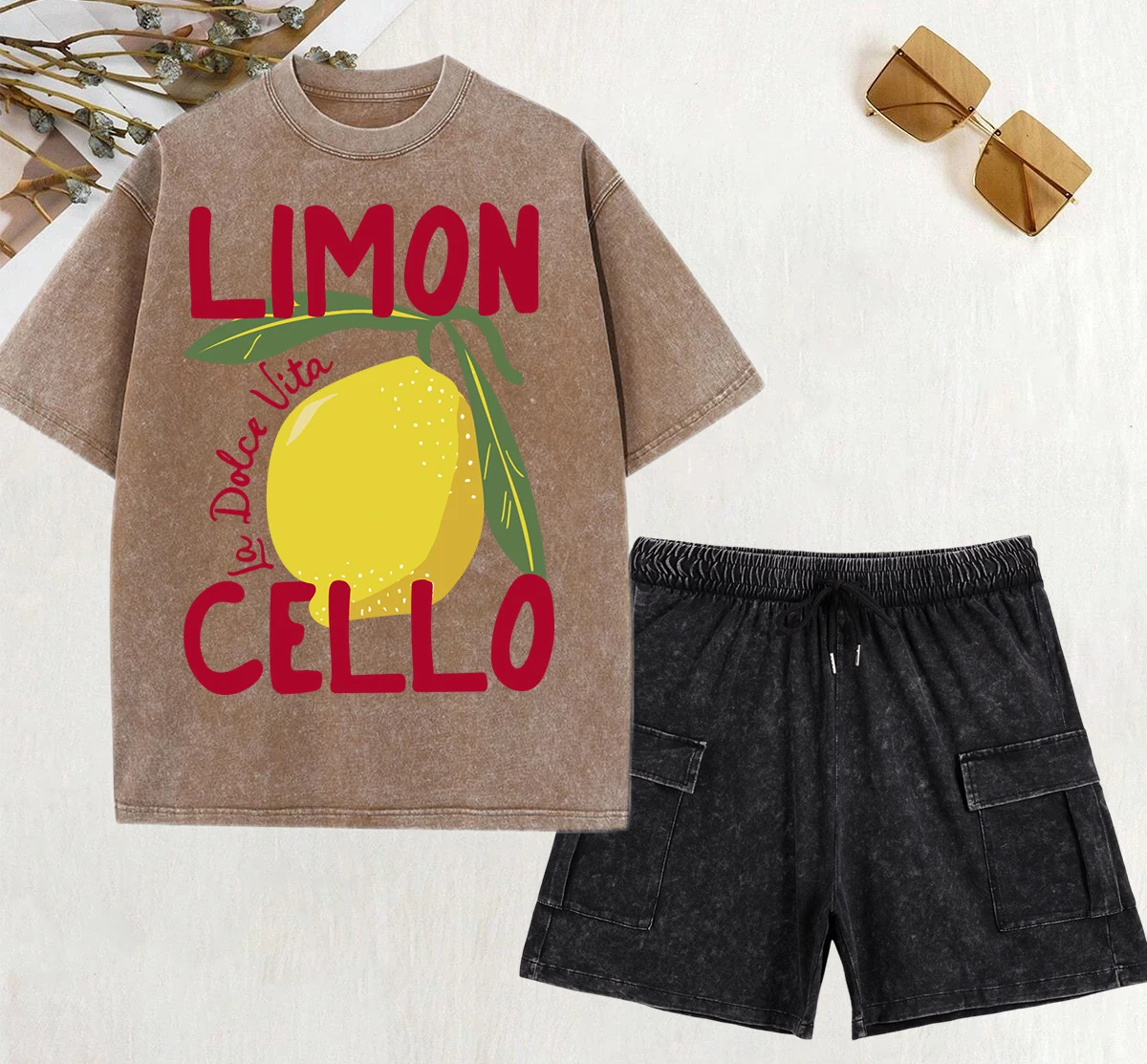 

Creative Lemon Fruit Cello Printed Washed T Shirt Set Summer Pocket Pants Cotton Oversized T-Shirt Street All-Match Sets