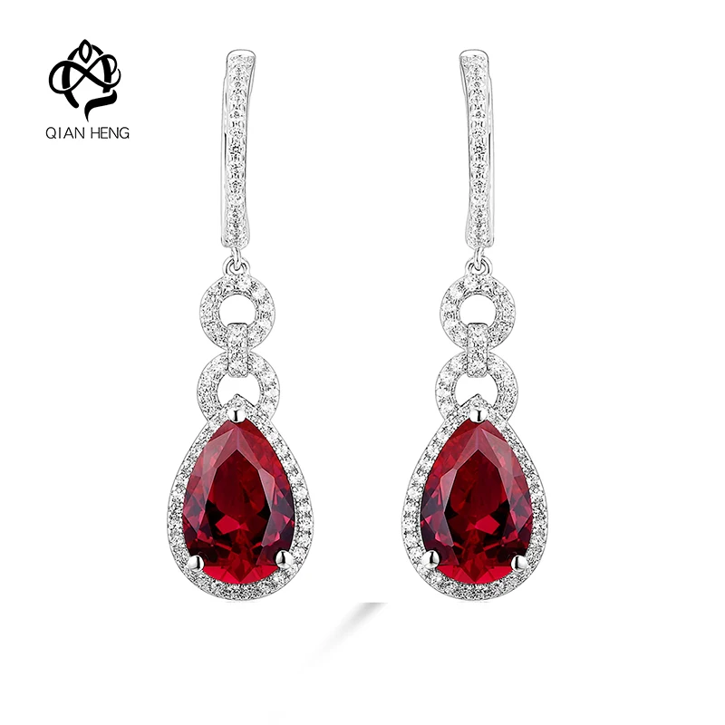 

Qian Heng Synthetic Ruby Vintage Earrings S925 Sliver Pear Shape Gems Stone Earrings Stud Classic Design For Women Gift Party