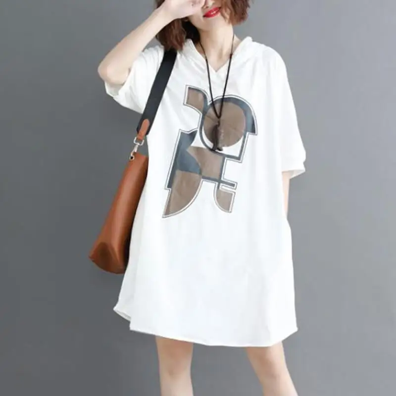 2025 Casual Geometric Printed Fashion Hooded Dresses Women\'s Clothing Loose Mori Girl Style Summer Spliced Straight Mini Dress