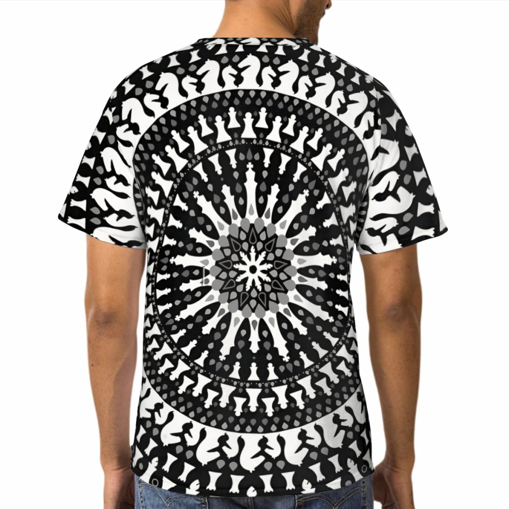 Chess Pieces Mandala Grayscale 3D Print Polyester T-shirt Chess Design Men Short Sleeve TShirt Harajuku Streetwear Tops