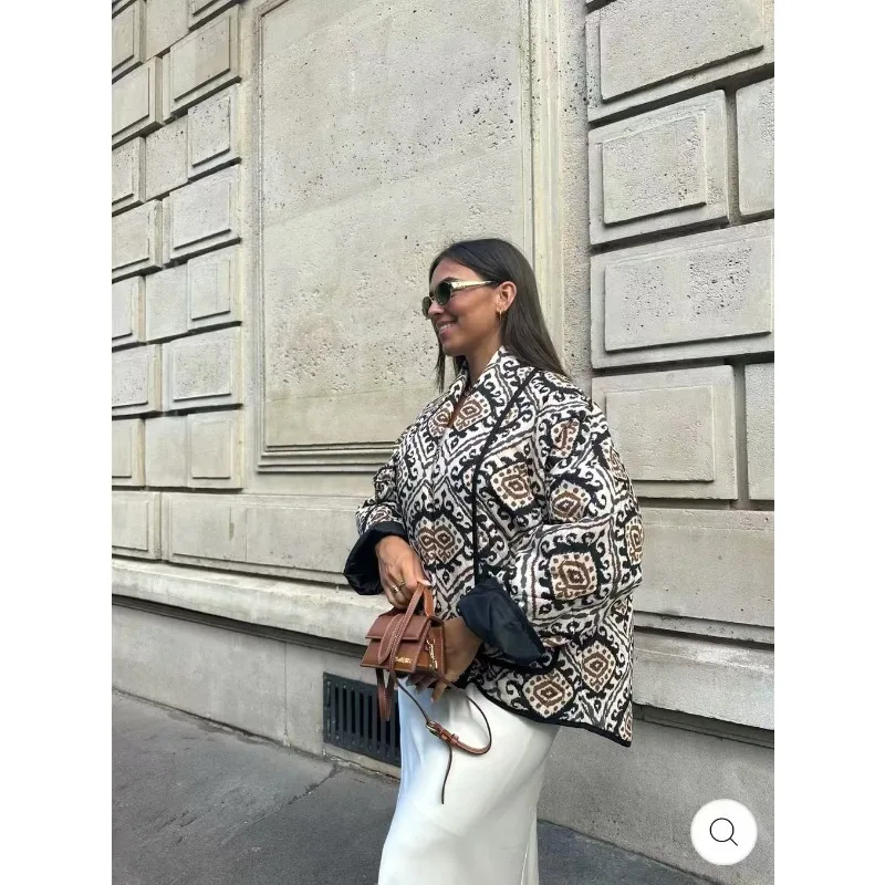 Women's Autumn Winter Jacket Tops Cotton Clothing Thickened Warm Printed Fake Two Pieces Standing Collar Color Crash Outfit New