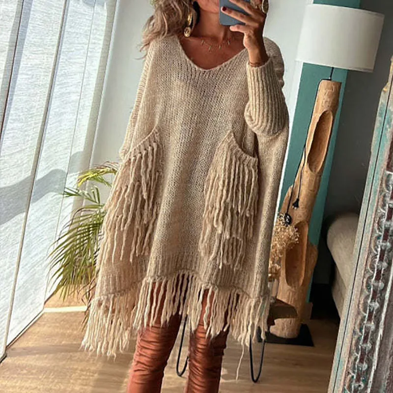 Vintage Long Sleeve Tassel Pocket Pullover Jumper Harajuku Female V Neck Top Knitwear Women Fashion Loose Casual Knitted Sweater