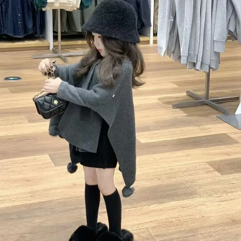 New Year's Edition Spring and Autumn 2026 New Girls' Knitted Jacket Fashion Children's Grey Hairball Cloak Loose Shawl Sweater