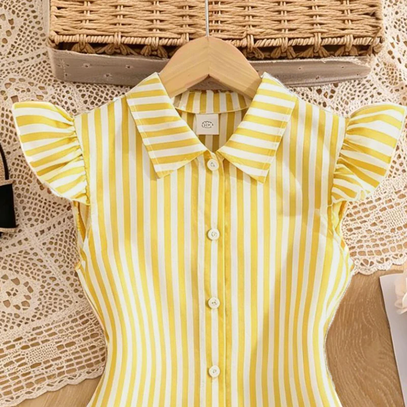 Blau-weiß gestreiftes Kleid für Mädchen von 8–12 Jahren, Hemdkragen mit Rüschenärmeln und gestreiftes Button-Down-Kleid mit seitlichen Bändern, lässige Kinderkleidung – Detail 14