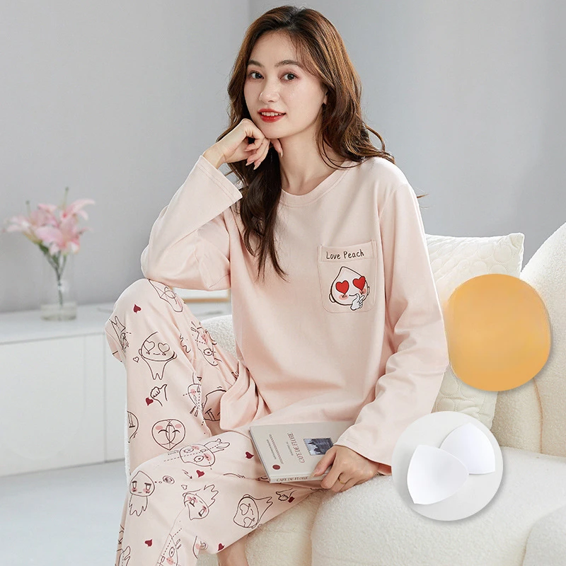 Women\'s Long-sleeved Cotton with Corset Pajamas Homewear   Ms. Korean Version of The Cartoon Cute Casual Women\'s Clothing  Women