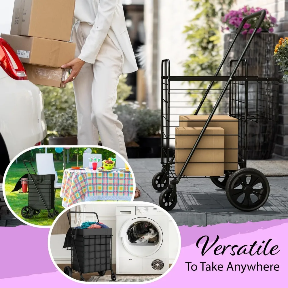 접이식 쇼핑 카트 방수 바구니와 360도 회전 바퀴 포함 - 식료품 및 세탁물에 이상적