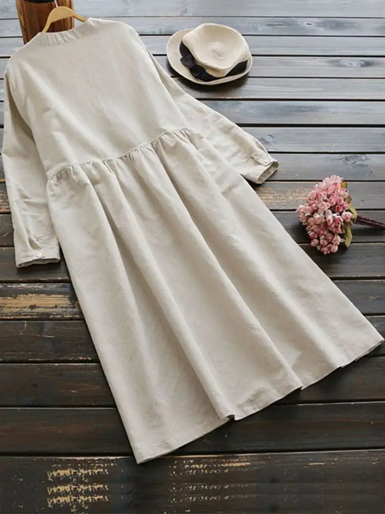 2022 Thu Đông Thêu Dài Áo Đầm ZANZEA Vintage Nữ Cotton Vestidos Phụ Nữ Dài Tay Áo Sundress Dài