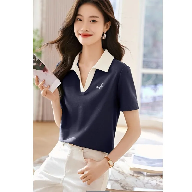 2025 verão feminino manga curta cor contrastante camiseta nova camisa polo solta e versátil