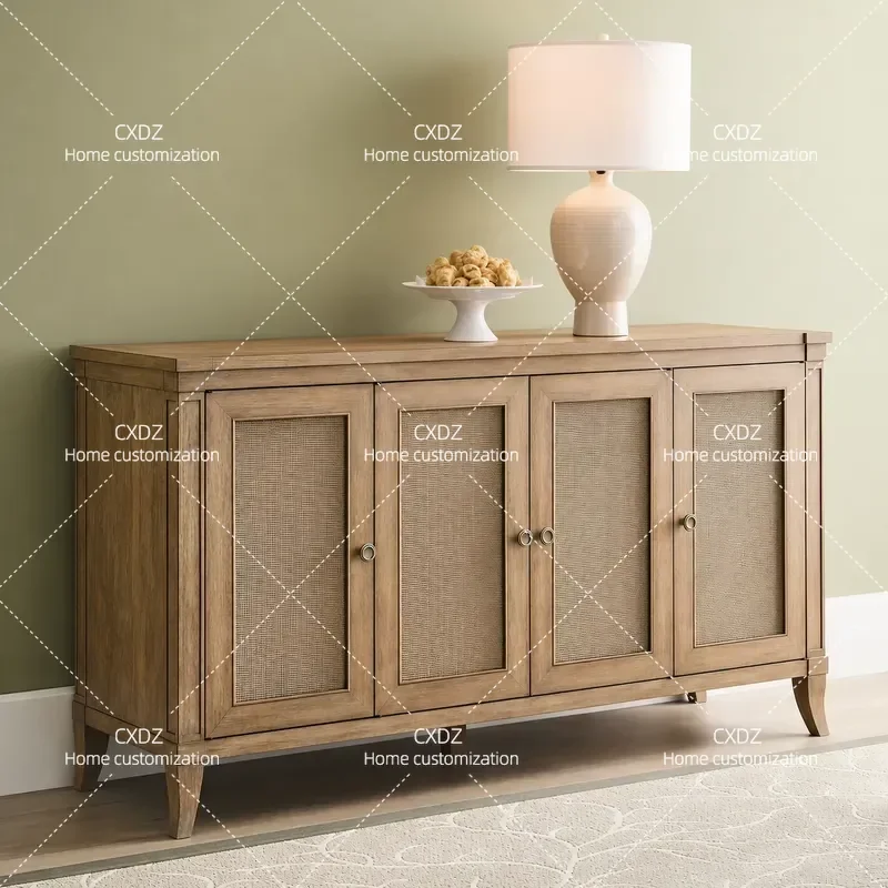 American Retro Solid Wood Dining Side Cabinet with Rattan Door Panels 4 Door Floor to Ceiling Storage Locker for Living Room