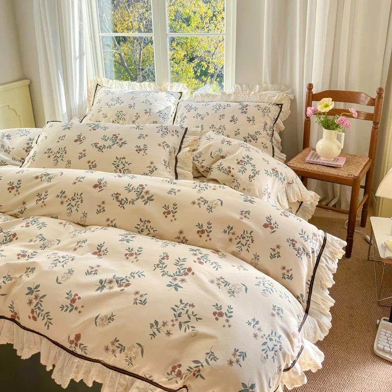 Imagem -02 - Conjunto de Cama de Algodão Puro com Borda de Renda Edredão com Folha Plana Rosa Vintage Capas de Consolador Fronhas Estampa Floral