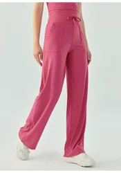 High Waist Women Drawstring Pure Color Long Loose Pocket Pants Breathable Comfortable Fitness Outdoor Sports Running Yoga Pants
