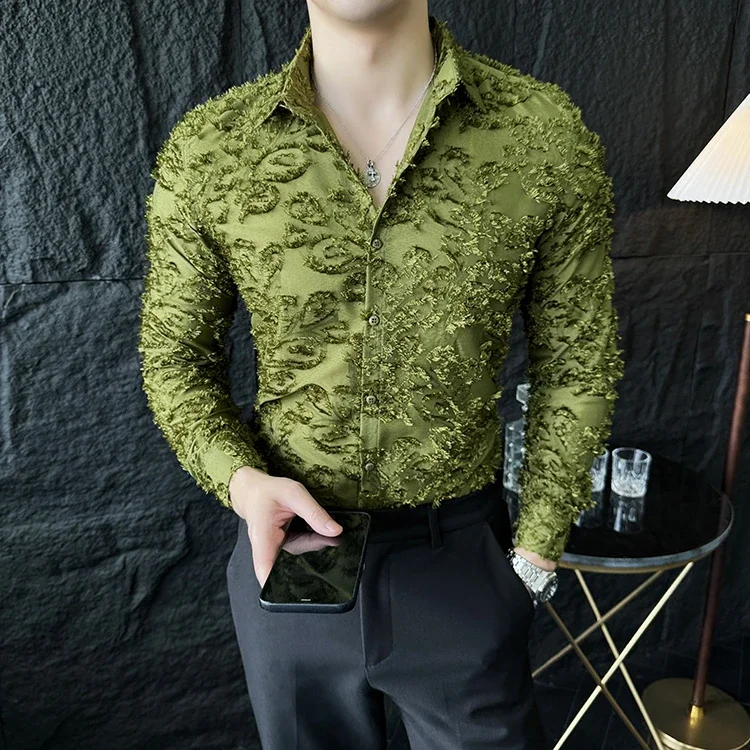 Sexy Hollow Out Shirt Men Fashion Long Sleeve Shirts Nightclub Stage Performance Costumes Casual Social Tuxedo Streetwear Blouse