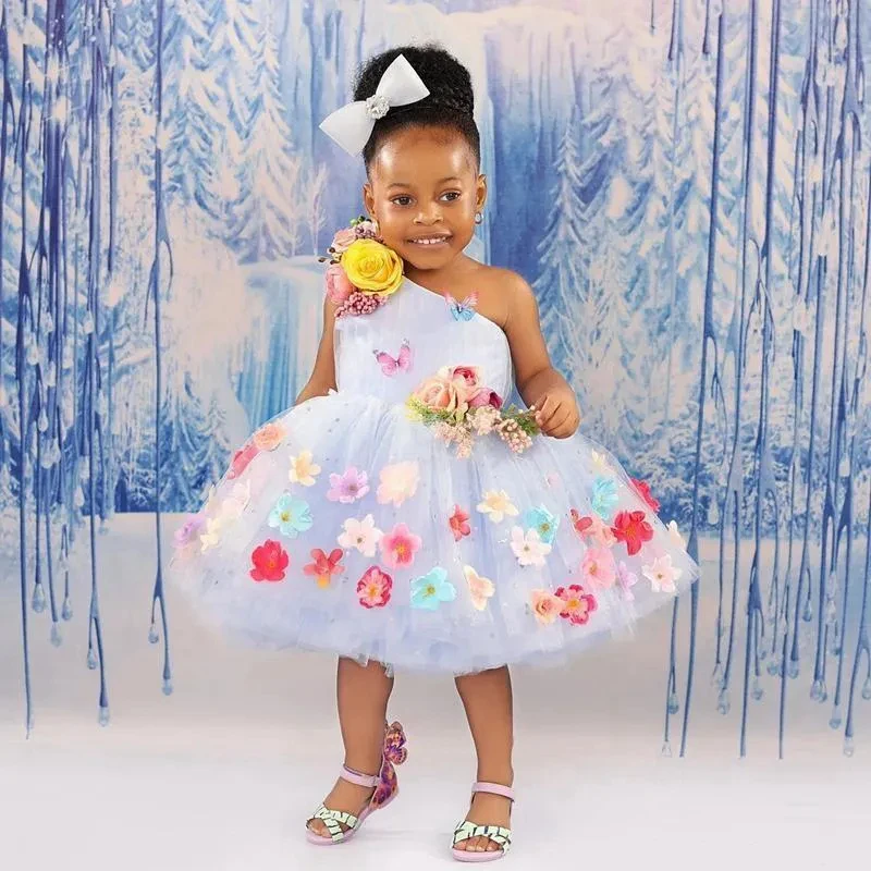 One Shoulder Flower Girl Dresses Hand Made Flowers Knee Length Tiered Tulle Ball Gown 1ST Birthday Party Communication Dress