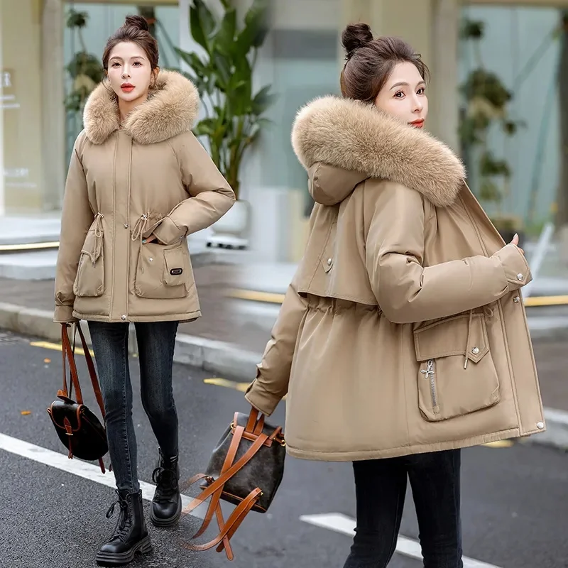 2024 Winter New Korean Women Jacket Long Parka Fur Collar Loose Wool Liner Hooded Jacket Warm Thick Warm Snow Wear Padded Parka