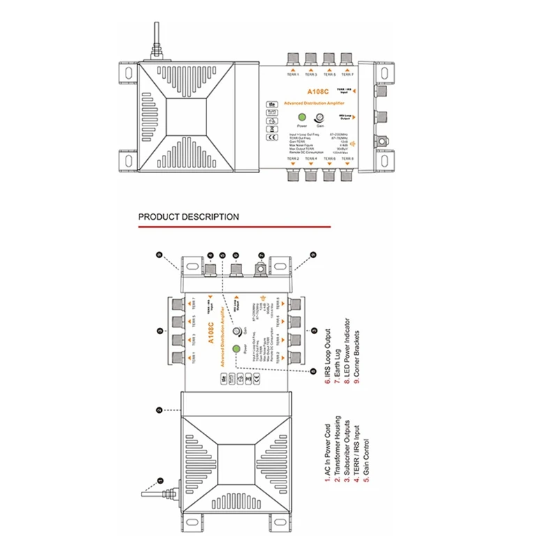 8-Way Distribution Amplifier for Terrestrial TV & Radio Signals Indoor MATV/SAT System with IRS Loop-Through 782MHz US