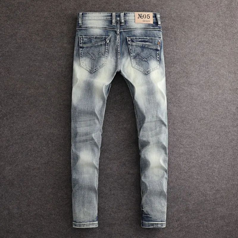 Streetwear Fashion Men Jeans Retro Washed Blue Stretch Slim Fit Ripped Jeans Men Embroidery Designer Vintage Denim Pants Hombre