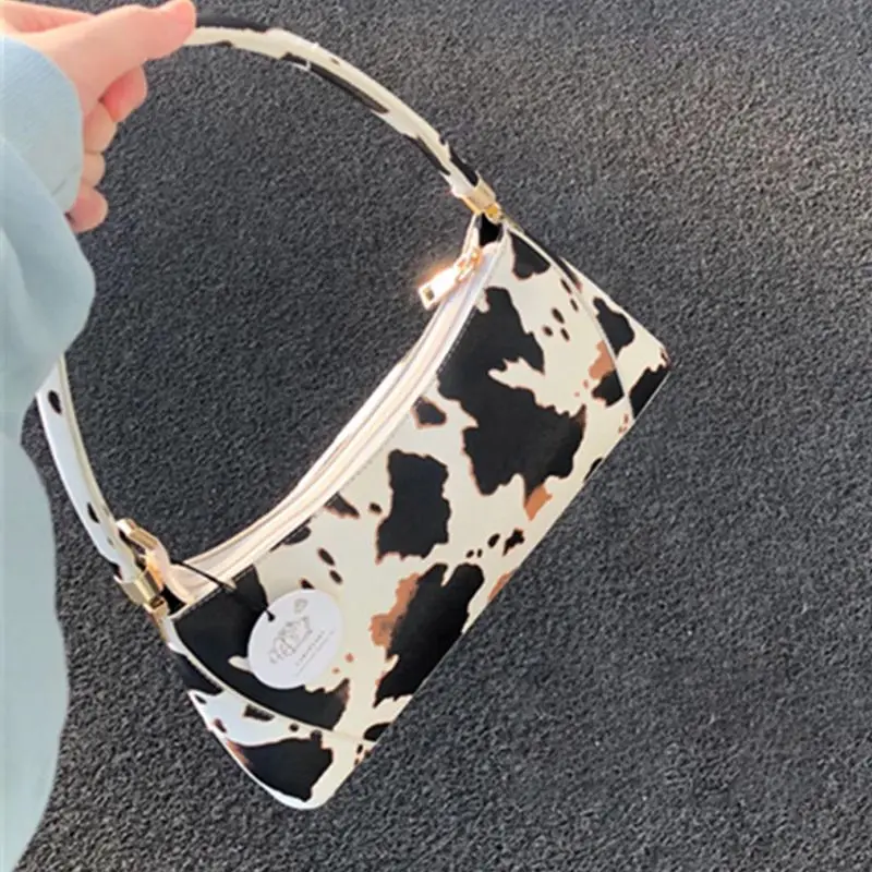 Women Girl Cartoon Cow Print PU Leather Handbag Shoulder Armpit Bag Satchel Tote Purse E74B