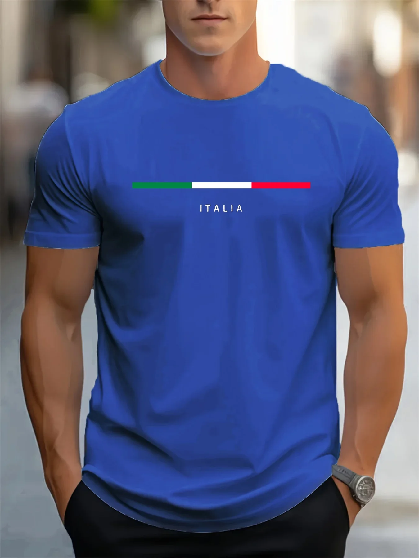 2026New Men's Summer 100 Cotton Fashionable Casual  Plus Size ITALIA Pattern Printed Sports Round Neck Short Sleeved T-shirt Top
