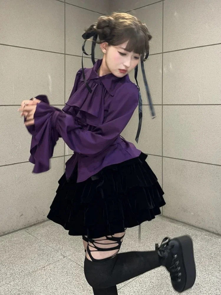 Lolita Sweet Flare Sleeve Blouse Y2k Aesthetic Ruffle Grunge Bodycon Shirt Tops Women Harajuku Single Breasted Vintage Blusas