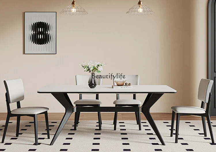 French retro solid wood rock slab dining table matte white high-end rectangular modern simplicity