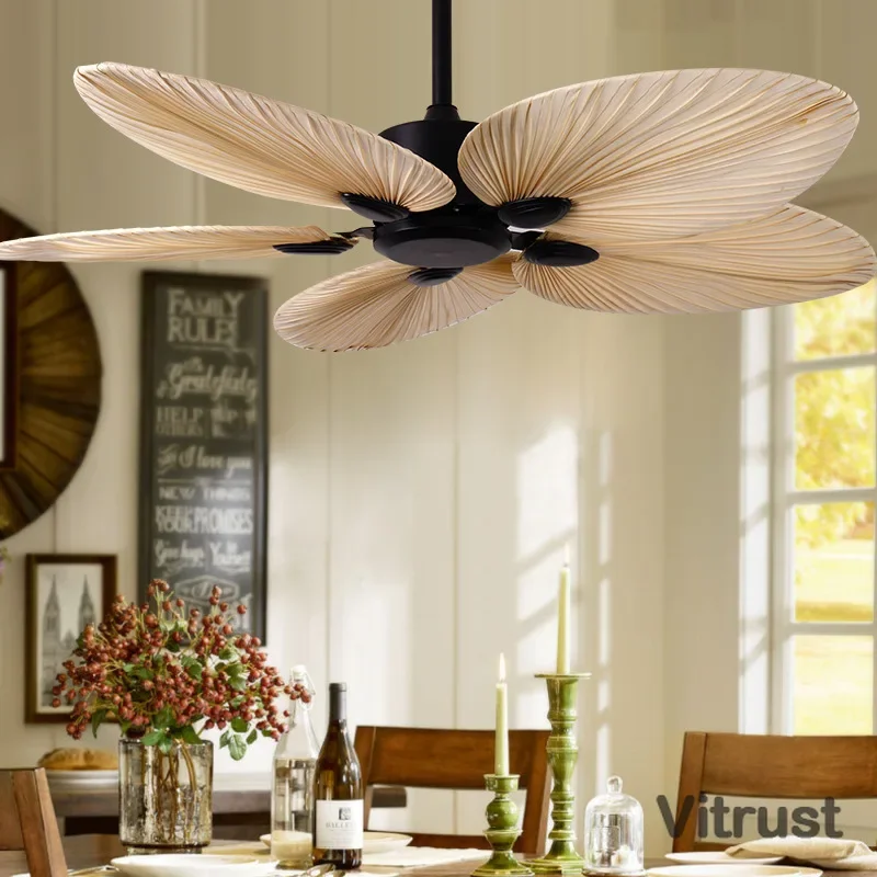 

Industrial Ceiling Fan 52 Inch Loft Fan without Lamp Palm Leaf Blades Ceiling Fan Living Room Dinging Restaurant Factory Price