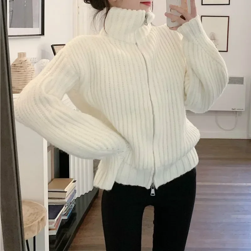 

Turtleneck Knitted Sweater Cardigan Women 2022 New Autumn Winter Thick Solid Warm Outwear Harajuku Y2k Tops Zipper Streetwear