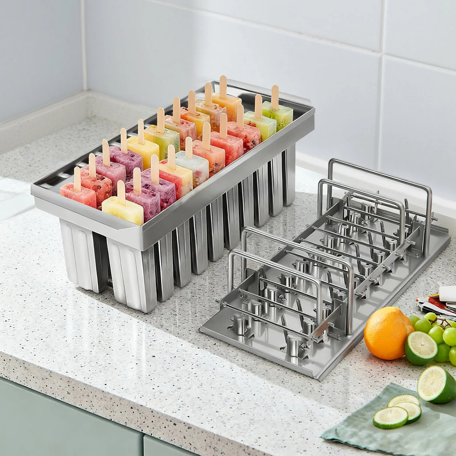 Bymaocar 20 Slot Ice Pop Mold Flat Head Double Cavity Popsicle Maker 85g 3oz Each Food Grade Material Space Saving 12.8x6.1x5.12in Easy Release Healthy Homemade Control Sugar Additive Free for Ice Cream Frozen Fruit Juice Summer Dessert